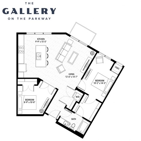 Floor plan for 2 beds, 1 bath, 990 sqft